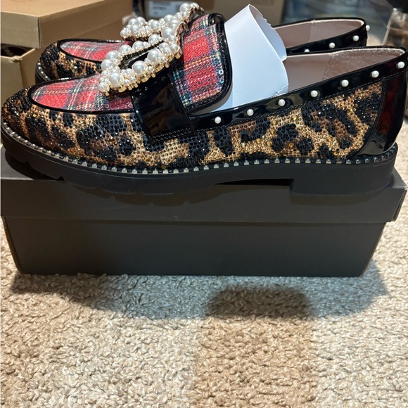 Betsey Johnson Leopard and Plaid Loafers with Pearl Buckle - Picture 2 of 5